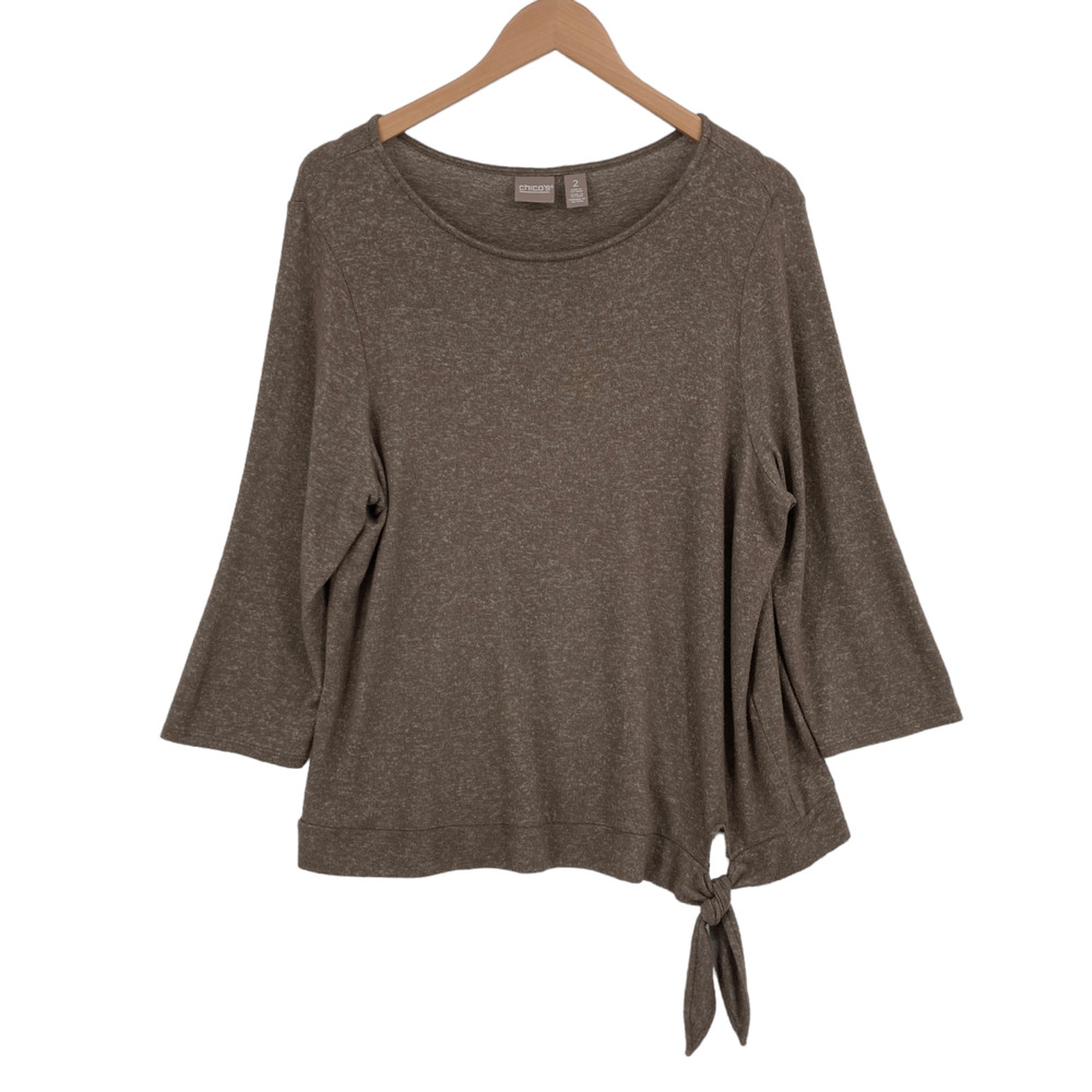 Chico's Blouse Top Women Size 2 Brown Knit Rayon Long Sleeve Round Neck Knot Hem